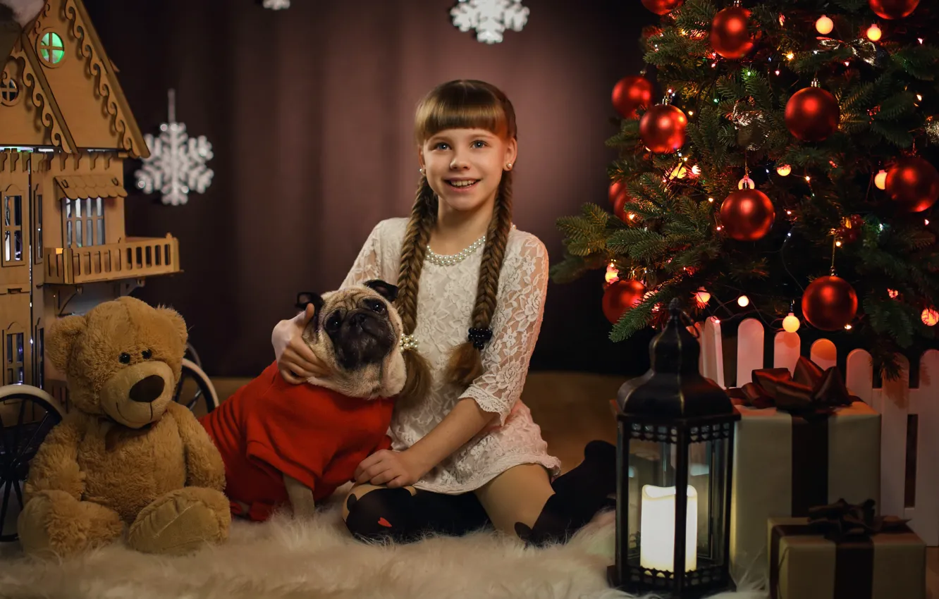 Фото обои улыбка, настроение, собака, Рождество, девочка, фонарь, подарки, мопс