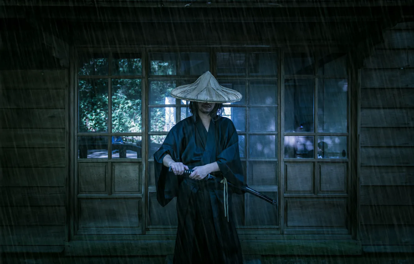 Фото обои фон, дождь, меч, катана, самурай, мужчина