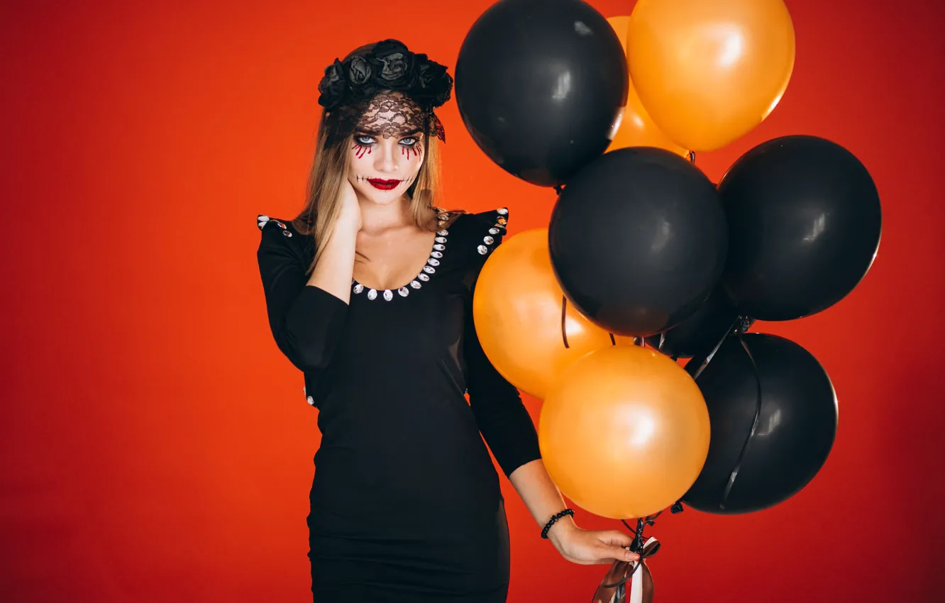 Фото обои осень, девушка, темный фон, праздник, макияж, тыква, Хеллоуин, ведьма