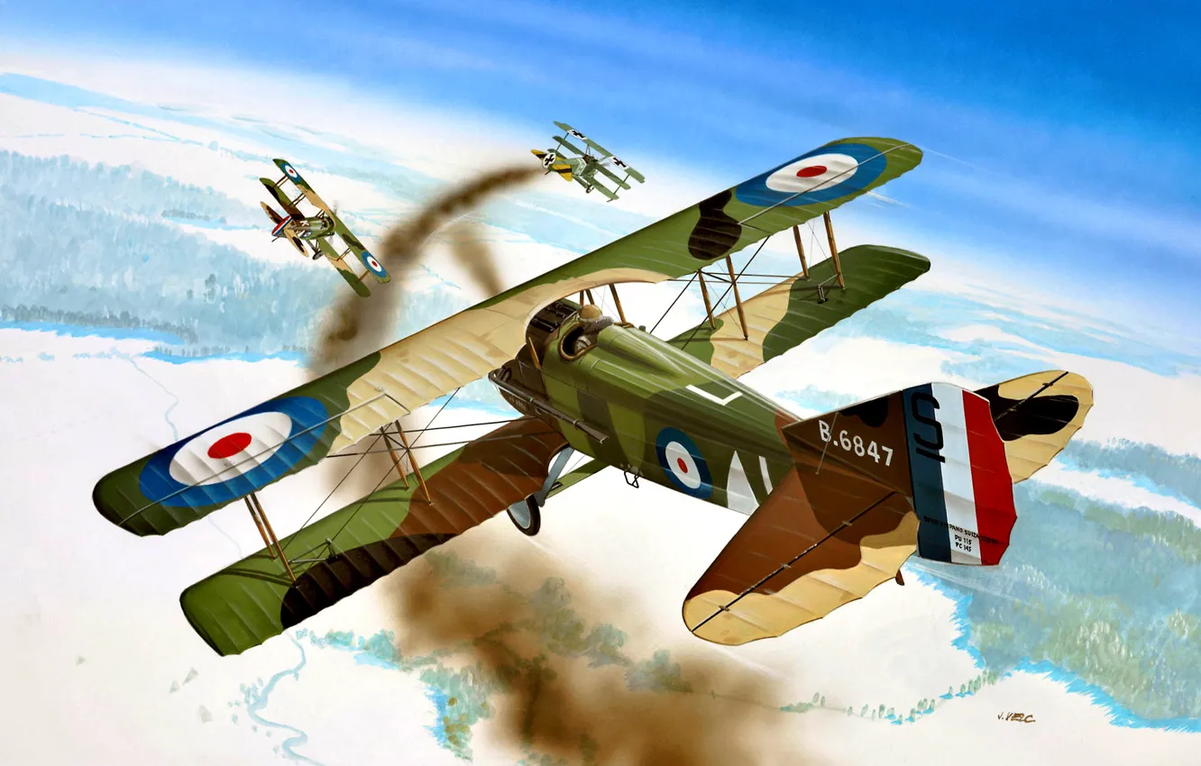 Фото обои дым, Франция, истребитель, Fokker, Первая Мировая война, SPAD XIII
