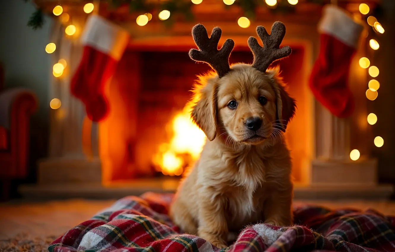 Фото обои украшения, собака, Рождество, щенок, Новый год, Christmas, puppy, dog