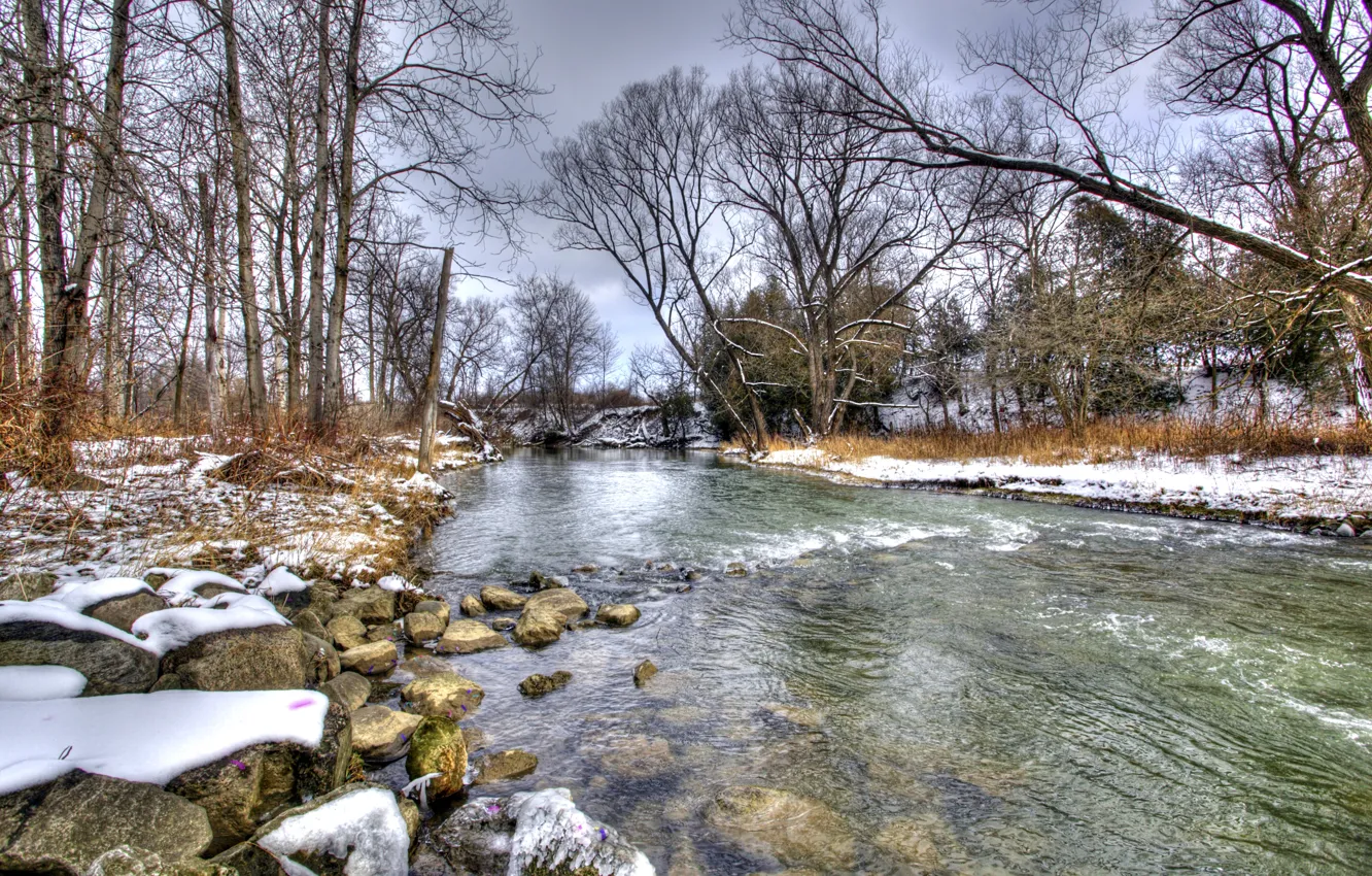 Фото обои зима, снег, река, landscape, winter, snow