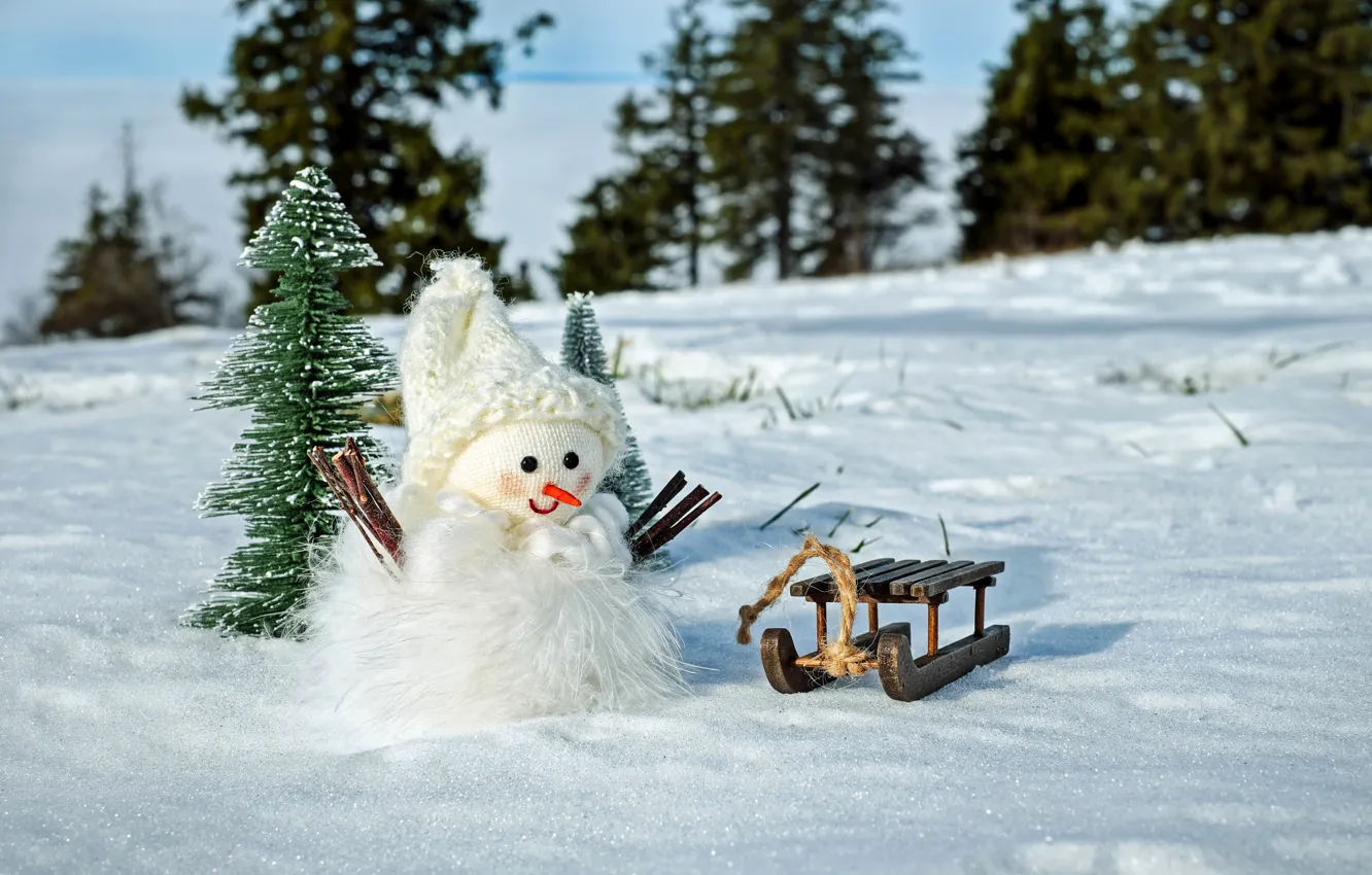 Фото обои зима, лес, снег, ветки, природа, праздник, шапка, игрушка