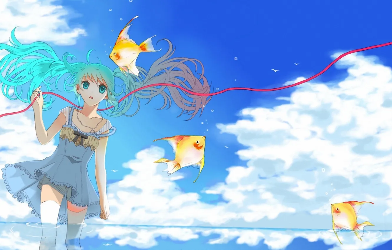Фото обои вода, девушка, рыбки, рыбы, арт, лента, vocaloid, hatsune miku