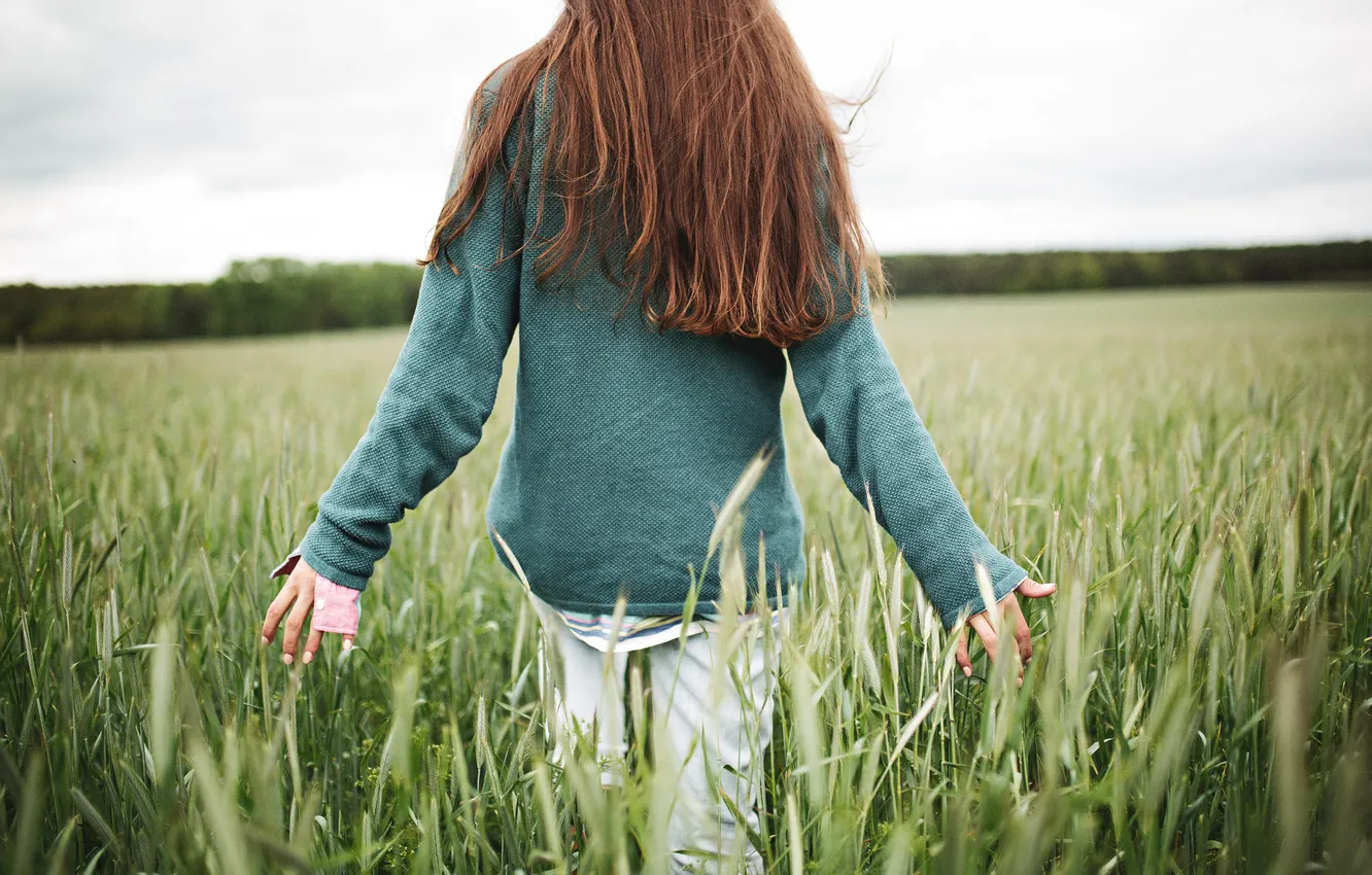 Фото обои поле, девушка, спина, рыжая