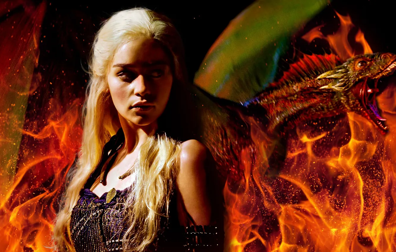 Фото обои пламя, дракон, Игра Престолов, Game of Thrones, Emilia Clarke, Эмилия Кларк