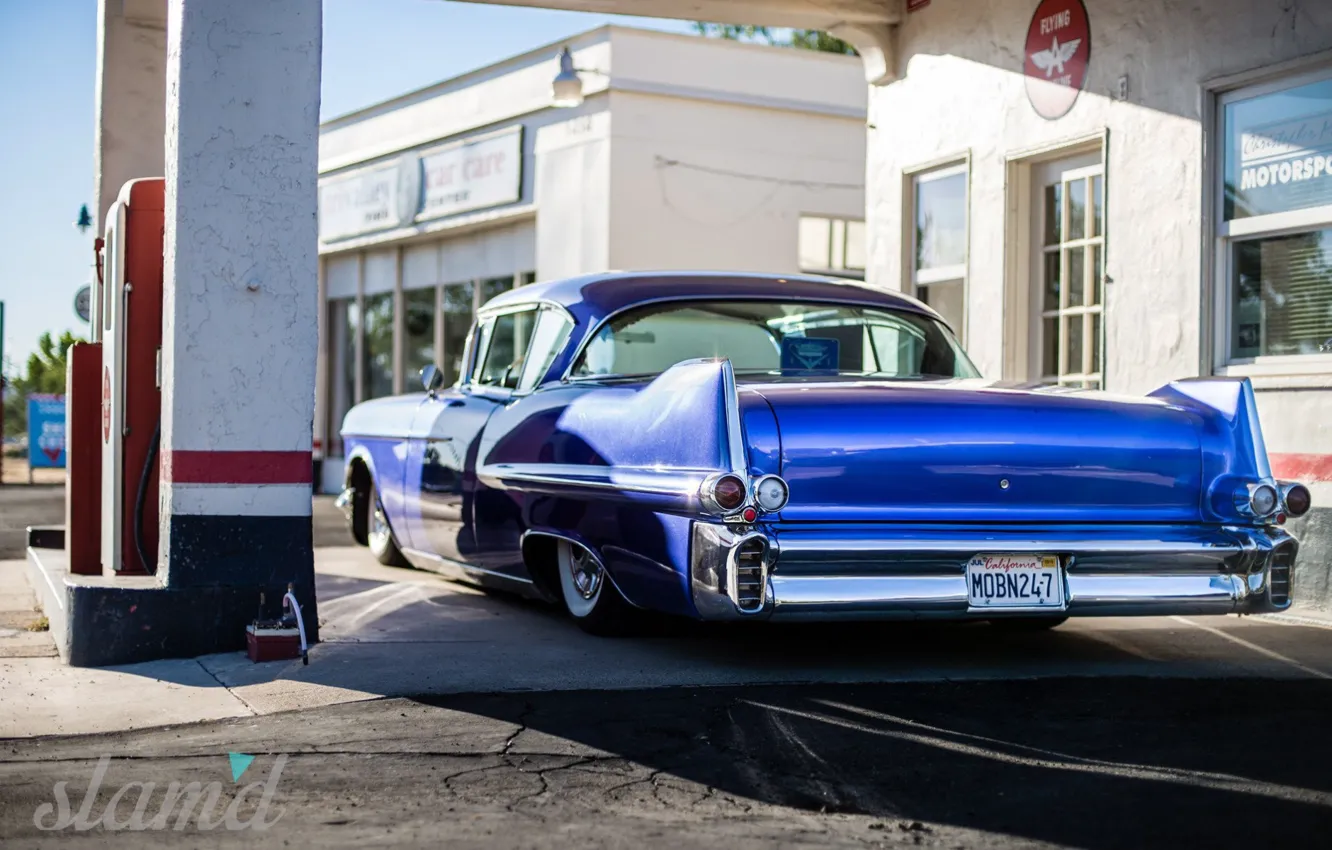 Фото обои Car, Blue, Coupe, Cadillac Deville, Filling station