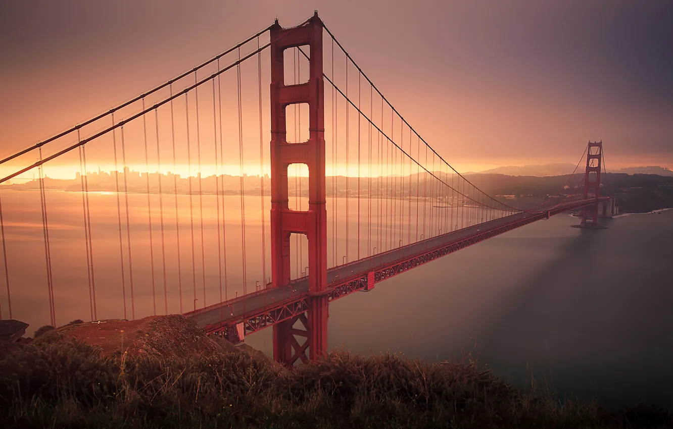 Фото обои Солнце, Мост, Утро, Калифорния, Золотые ворота, Сан Франциско