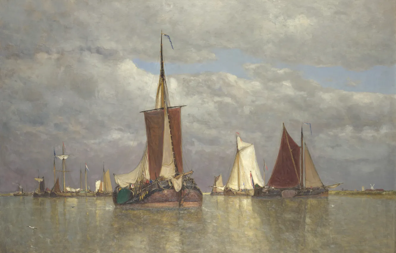 Фото обои картина, парус, морской пейзаж, Пол Джин Клейс, Paul Jean Clays, Корабли возле Дордрехта