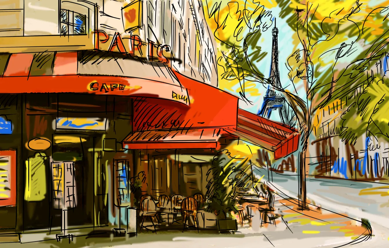 Фото обои дерево, рисунок, эйфелева башня, париж, кафе, франция, улочка