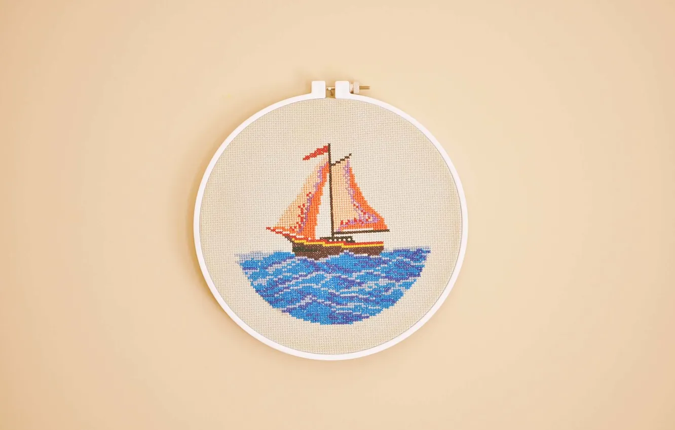 Фото обои море, вода, корабль, нитки, вышивка, канва