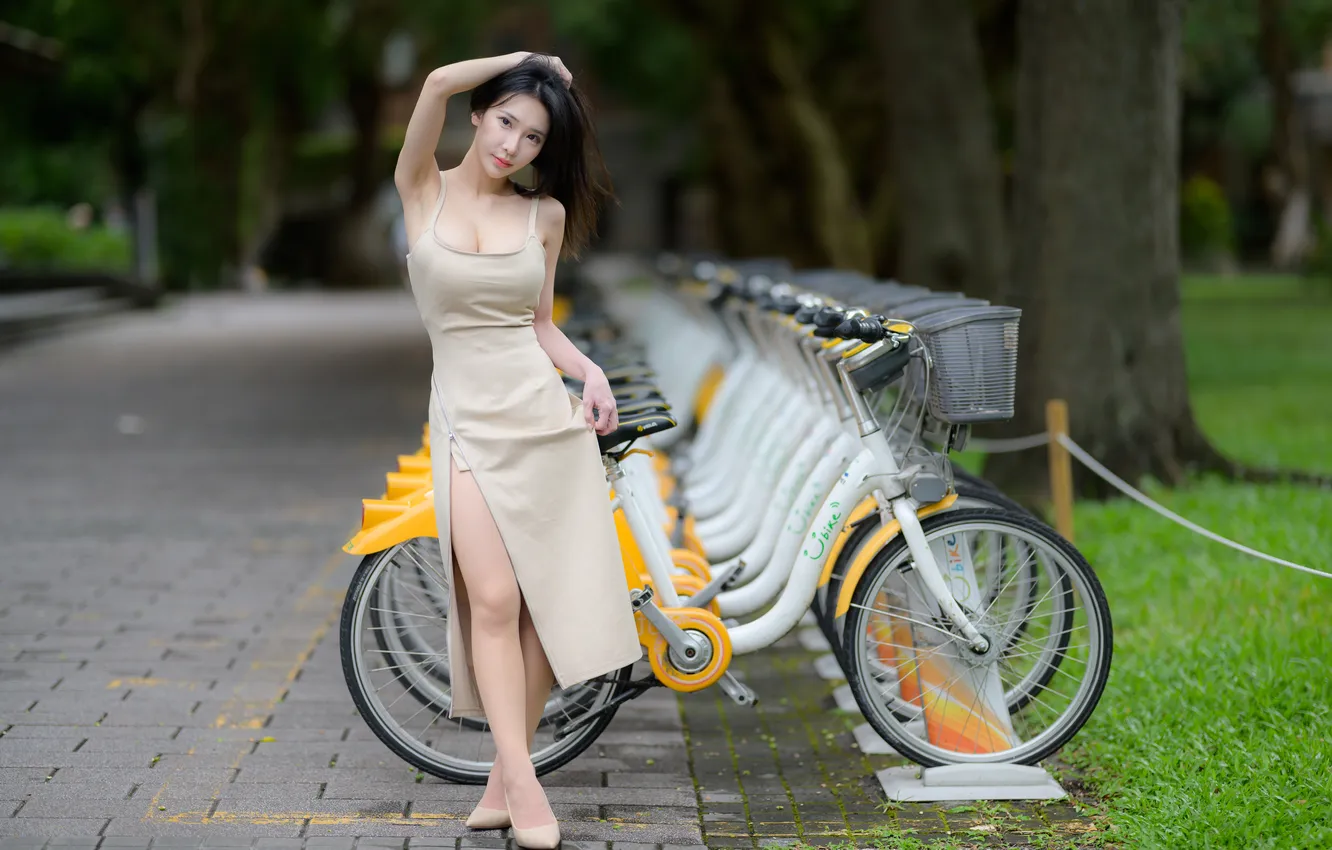 Фото обои девушка, азиатка, велосипеды