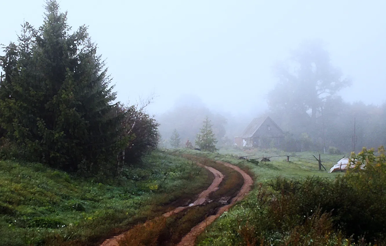Фото обои дорога, деревья, туман, дом