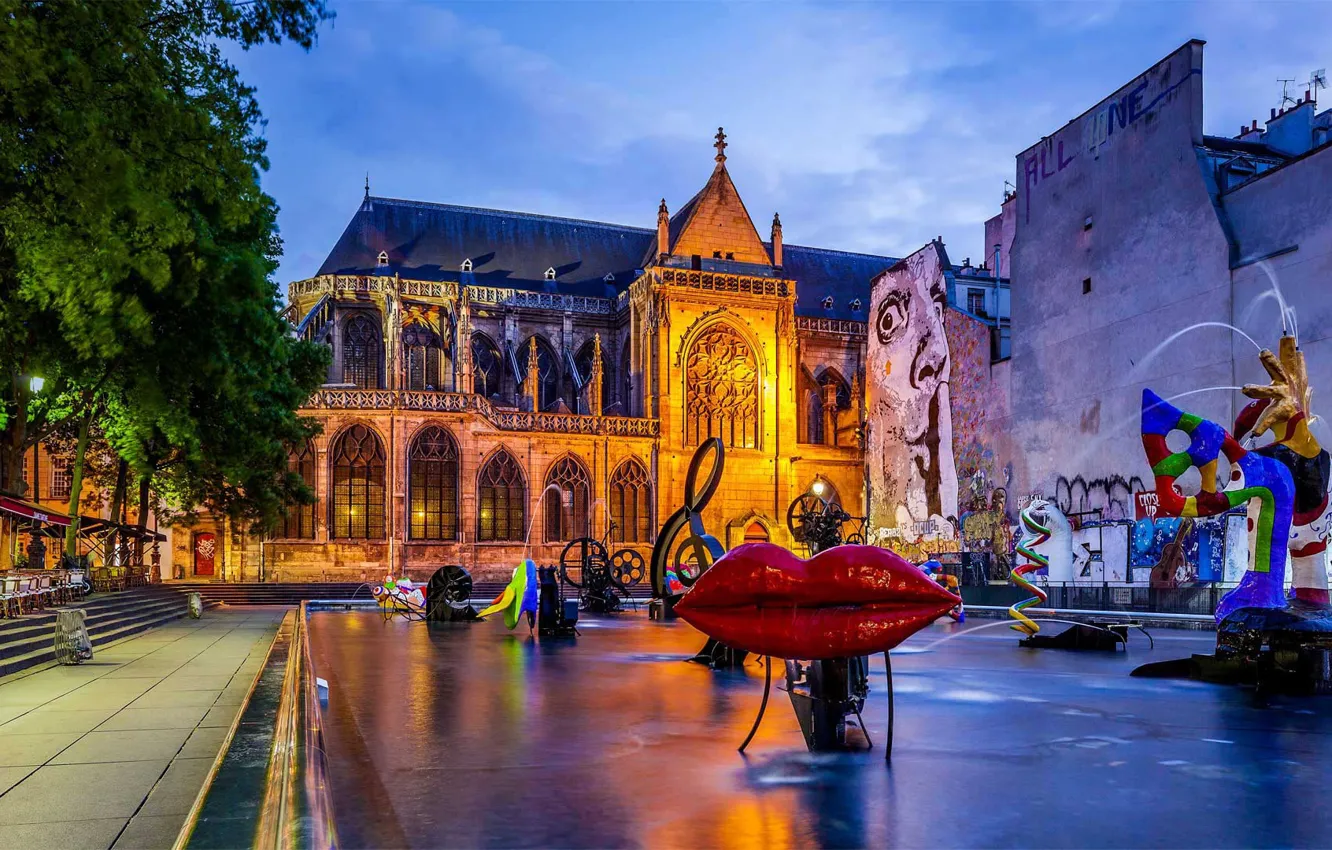 Фото обои огни, Франция, Париж, церковь, Фонтан Стравинского