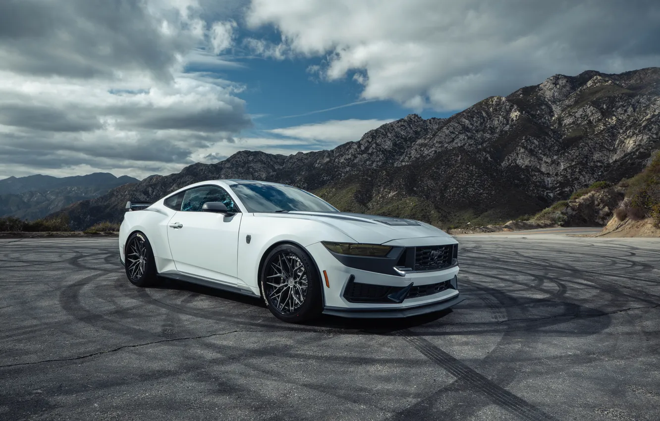 Фото обои Ford, Clouds, Front, Mountain, White, Ford Mustan