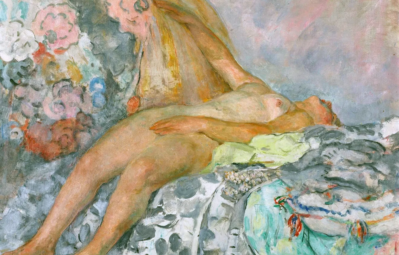 Фото обои Девушка, Картина, Кровать, Обнажена, Henri Lebasque, Анри Лебаск, Французский художник, Обнаженная лежащая на цветочном пледе
