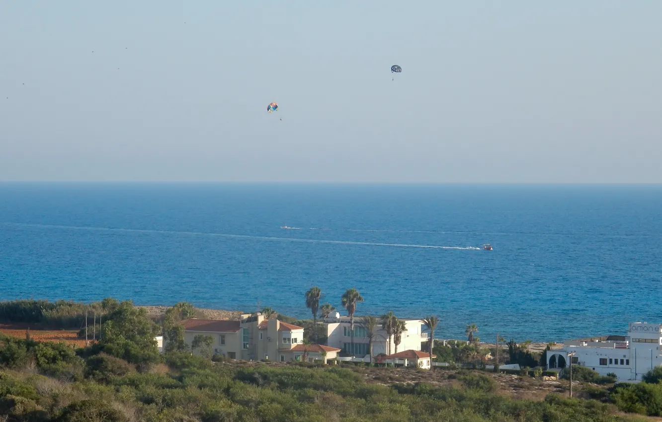 Фото обои море, небо, трава, деревья, пейзаж, widescreen, обои, wallpaper