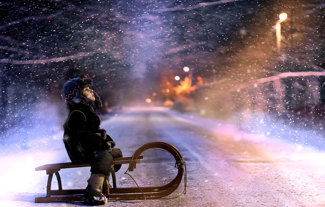 Фото обои зима, дорога, снег, деревья, природа, ребенок, боке