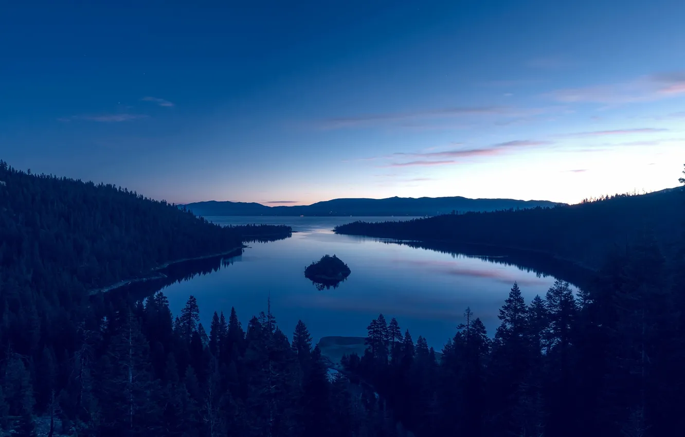 Фото обои лес, деревья, озеро, Калифорния, США, сумерки, островок, Тахо
