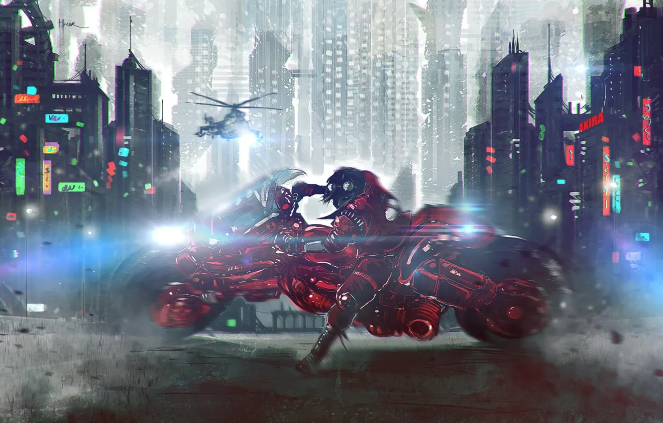 Фото обои ночь, город, арт, вираж, мотоцикл, вертолёт