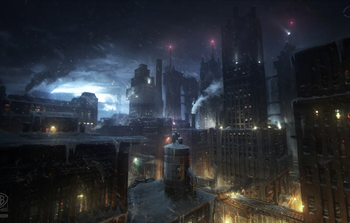 Фото обои зима, снег, ночь, трубы, город, дым, здания, арт