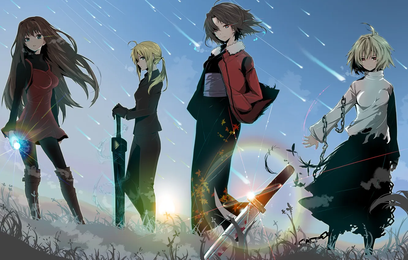 Фото обои оружие, девушки, меч, арт, цепь, кимоно, сфера, kara no kyoukai