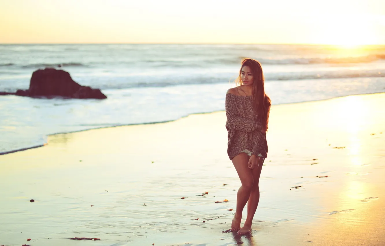 Фото обои море, пляж, девушка, солнце, закат, Hayle Cayaga