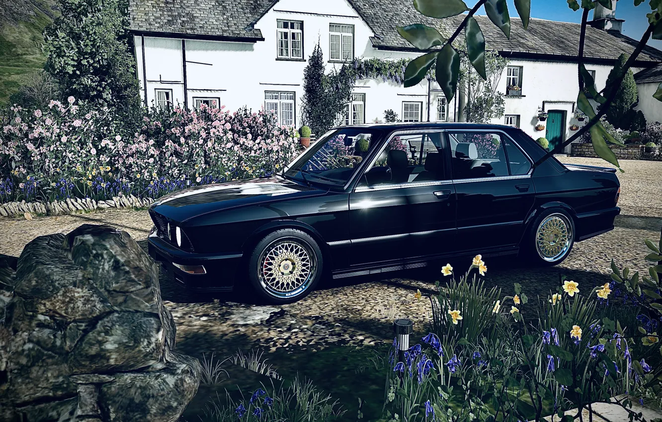 Фото обои HDR, BMW, House, Sky, Flowers, Spring, Game, E28