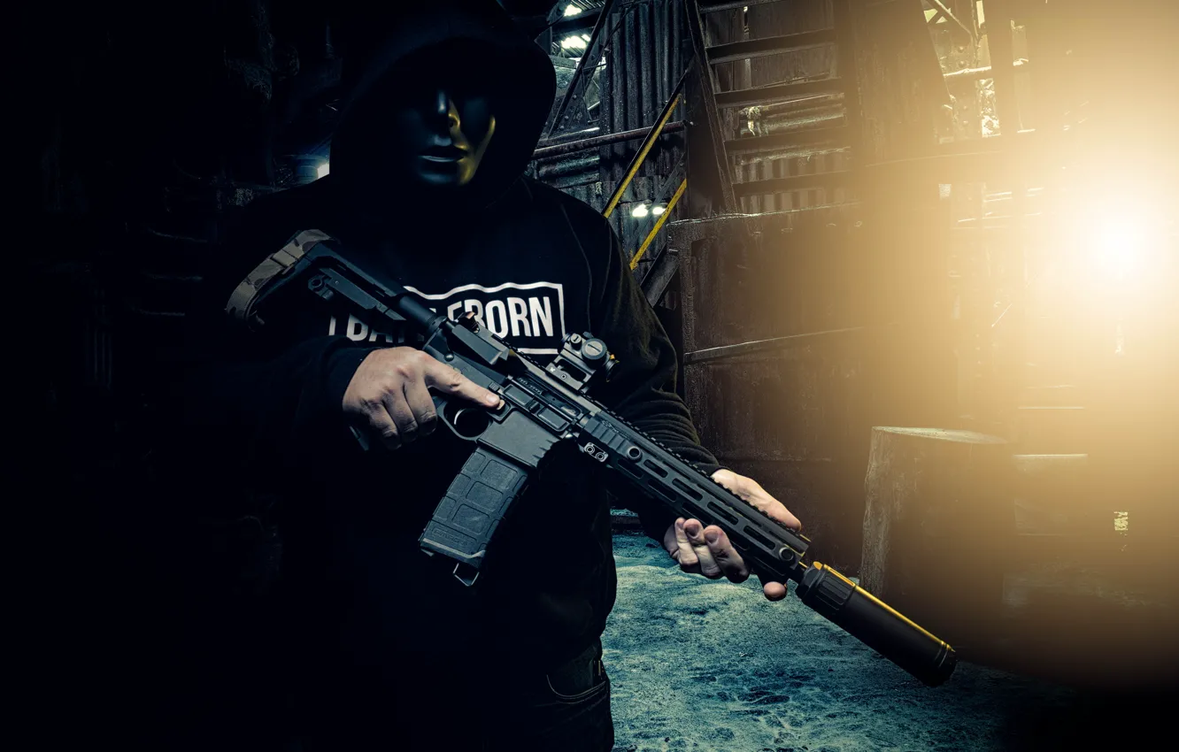 Фото обои оружие, фон, маска, оптика, мужчина, штурмовая винтовка