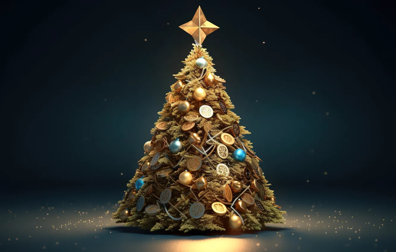 Фото обои шары, елка, Новый Год, Рождество, golden, монеты, new year, happy
