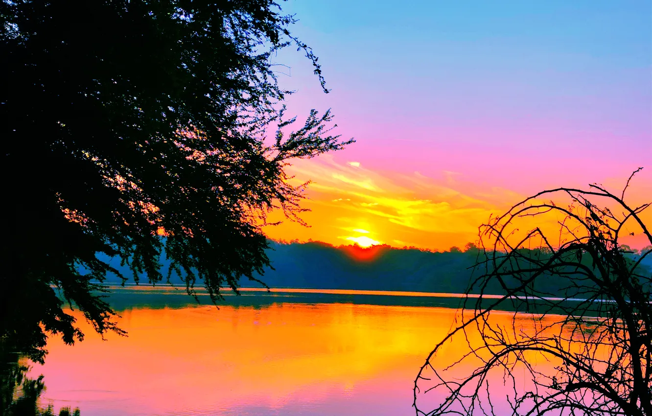 Фото обои Sky, Sun, Water, Sunrise, Dawn, Morning, Lake, Trees