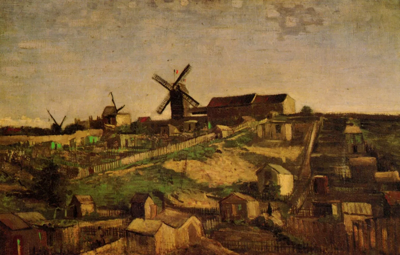 Фото обои мельница, деревушка, Vincent van Gogh, View of Montmartre, with Windmills