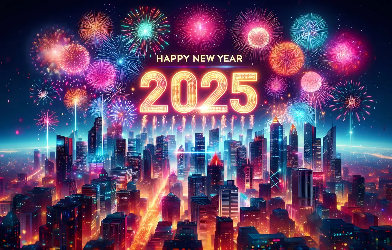 Фото обои Новый год, Праздник, New Year, Fireworks, 2025, Futuristic city, Celebrations, Neon city