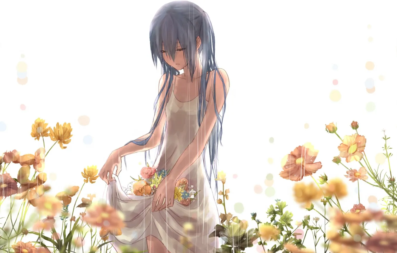 Фото обои девушка, цветы, дождь, розы, арт, vocaloid, hatsune miku, вокалоид
