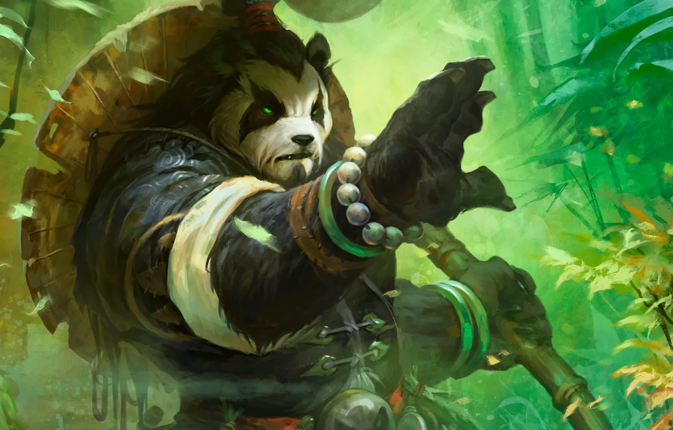 Фото обои лес, арт, панда, посох, World of Warcraft, Mists of Pandaria