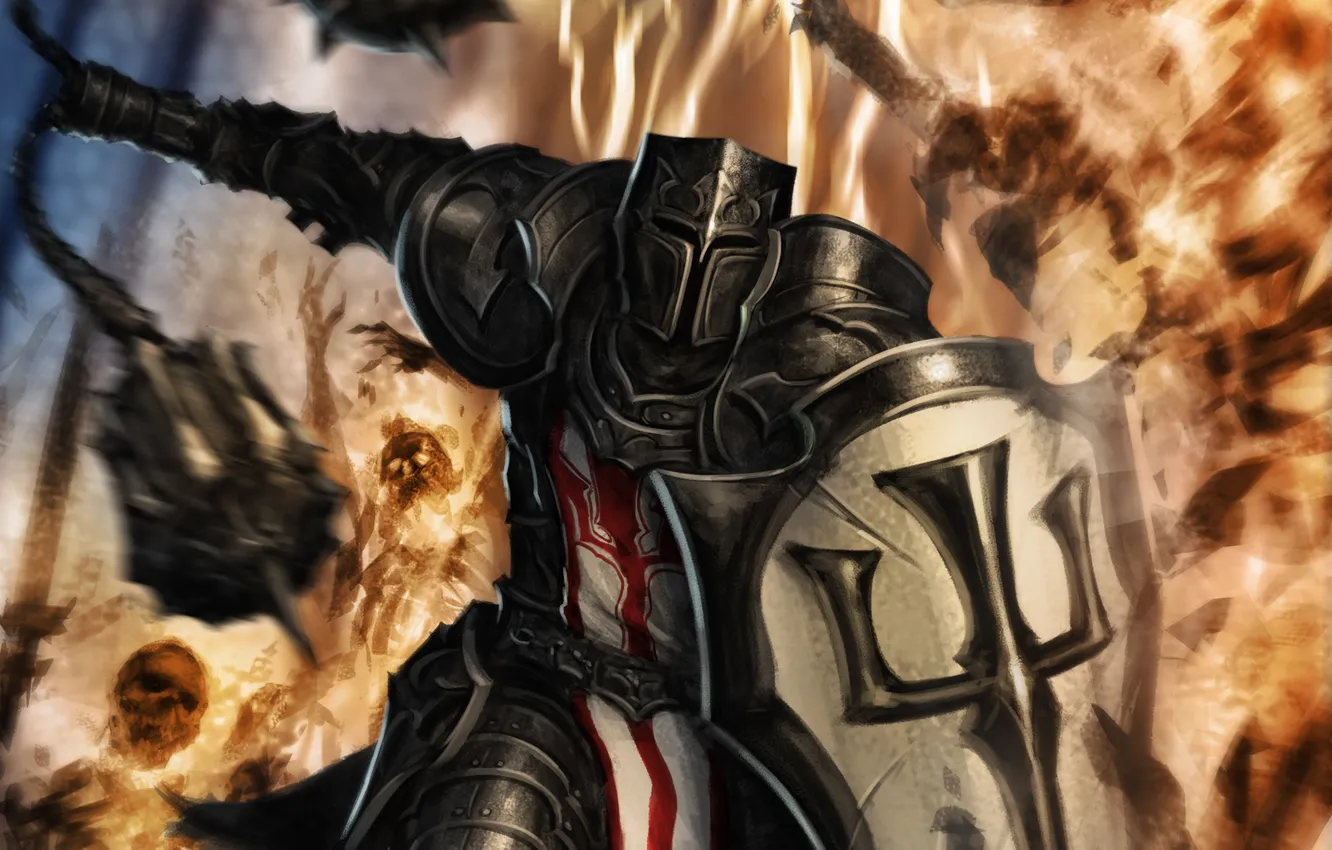 Фото обои оружие, огонь, арт, битва, щит, скелеты, Diablo III, доспех