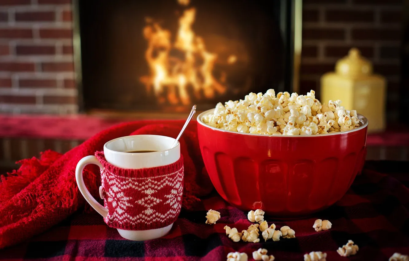Фото обои зима, тепло, чай, чашка, камин, попкорн