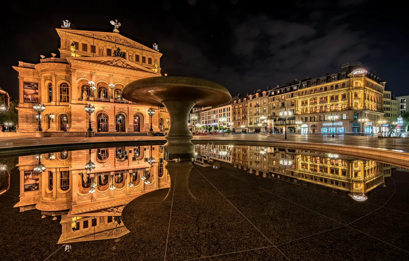 Фото обои отражение, здания, Германия, фонтан, ночной город, Germany, Франкфурт-на-Майне, Frankfurt am Main