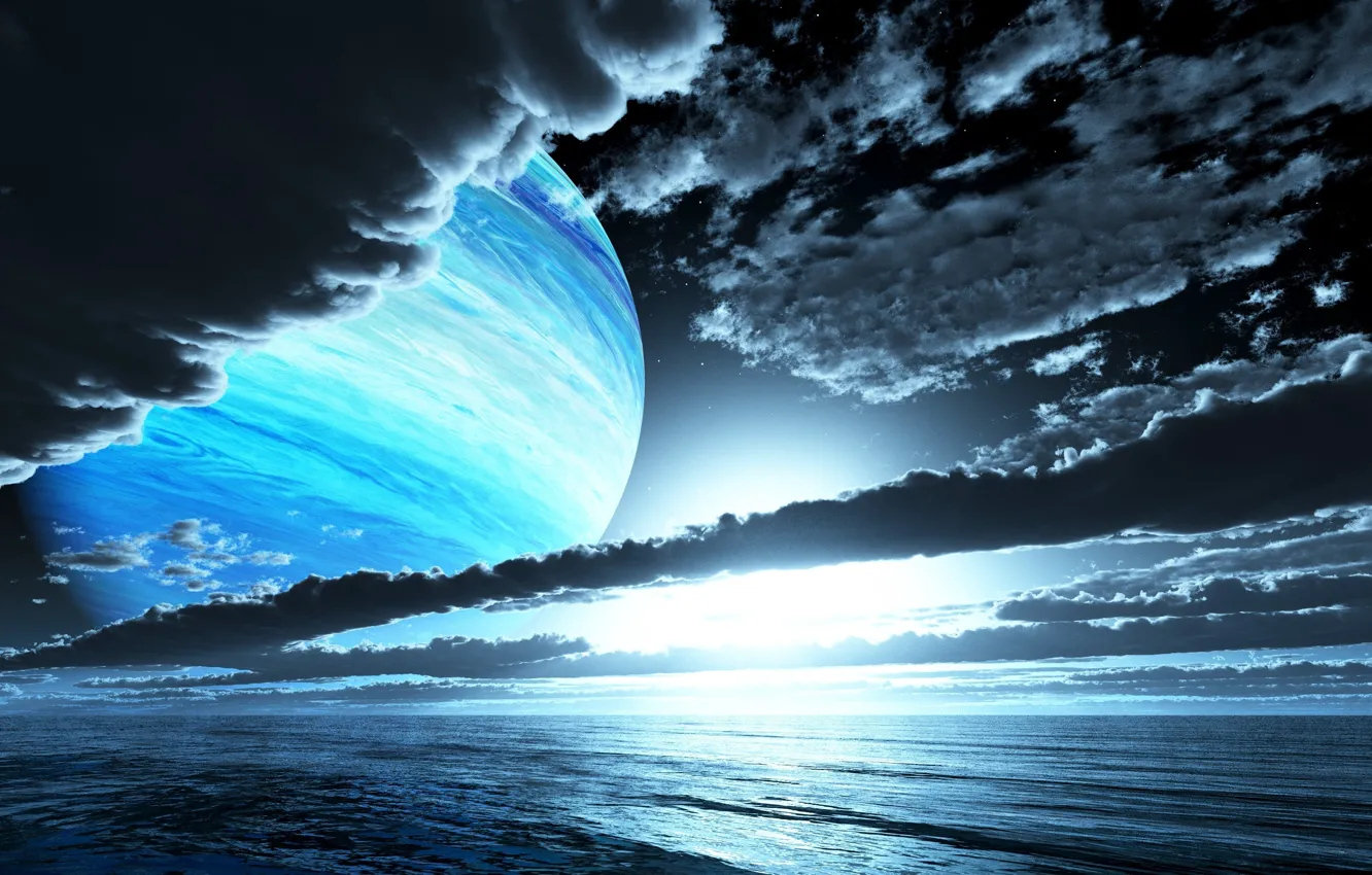 Фото обои море, небо, облака, закат, планета, спутник, вечер