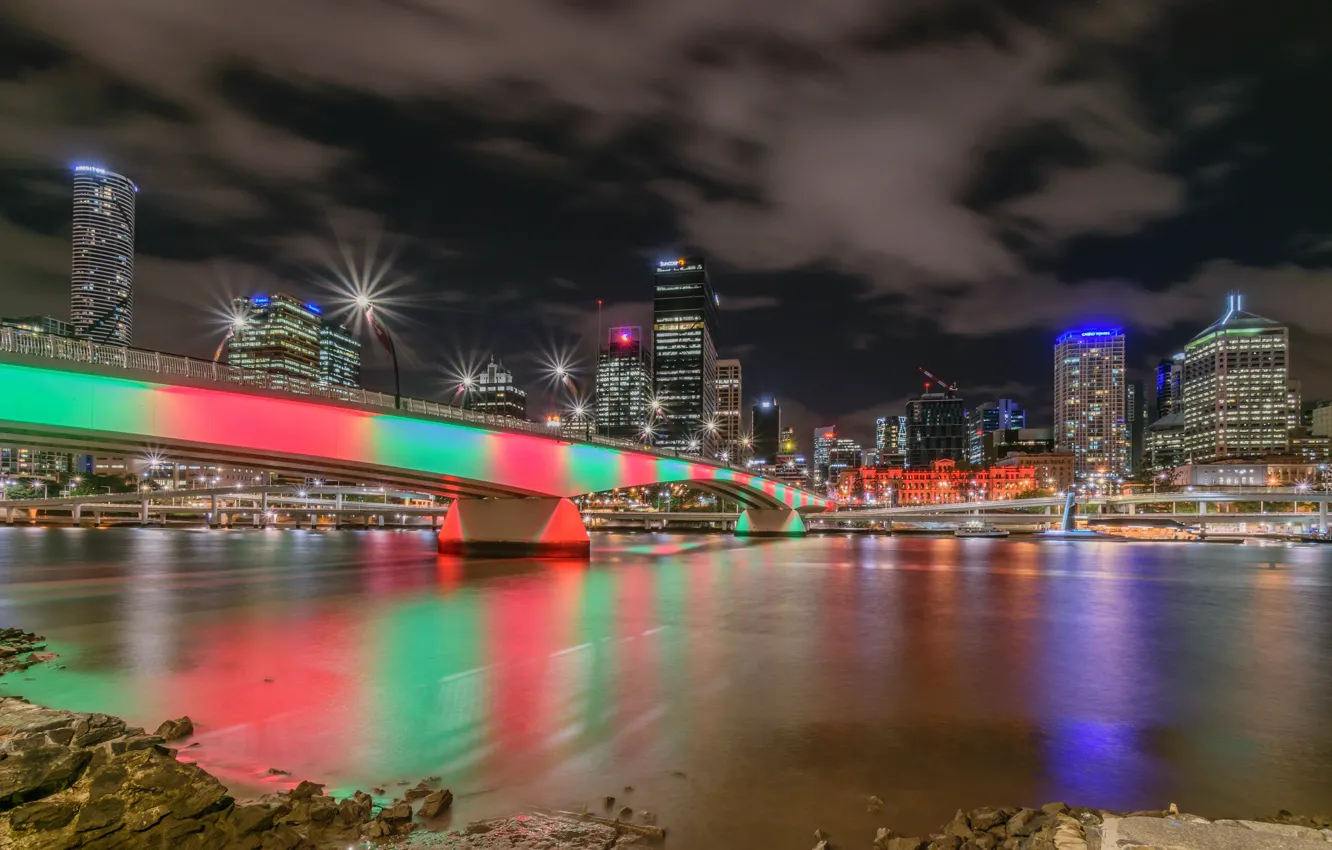 Фото обои ночь, мост, огни, река, небоскребы, Австралия, мегаполис, Брисбен
