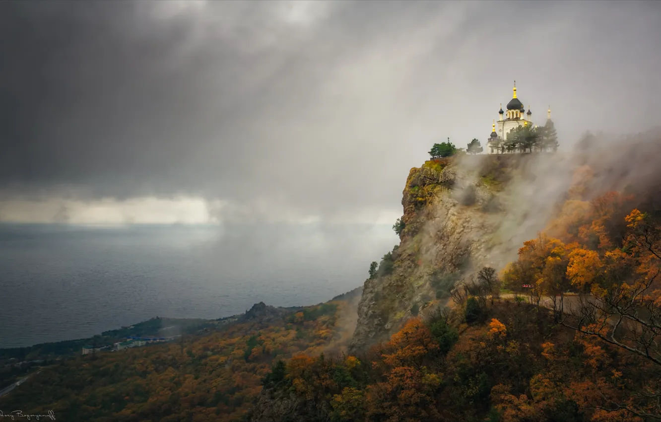 Фото обои осень, горы, скалы, церковь