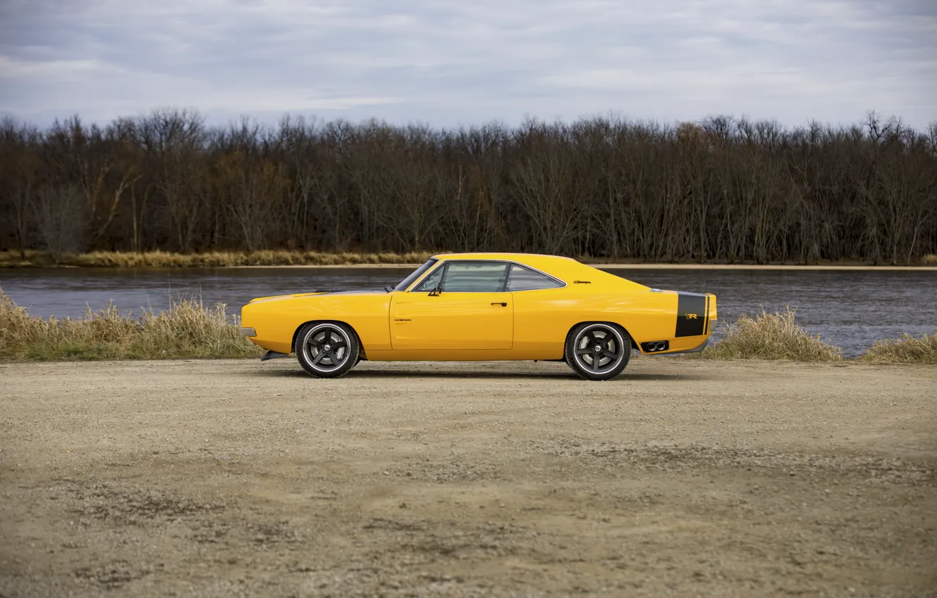 Фото обои 1969, Dodge, Charger, Yellow, Side, Dodge Charger, Road, Lake