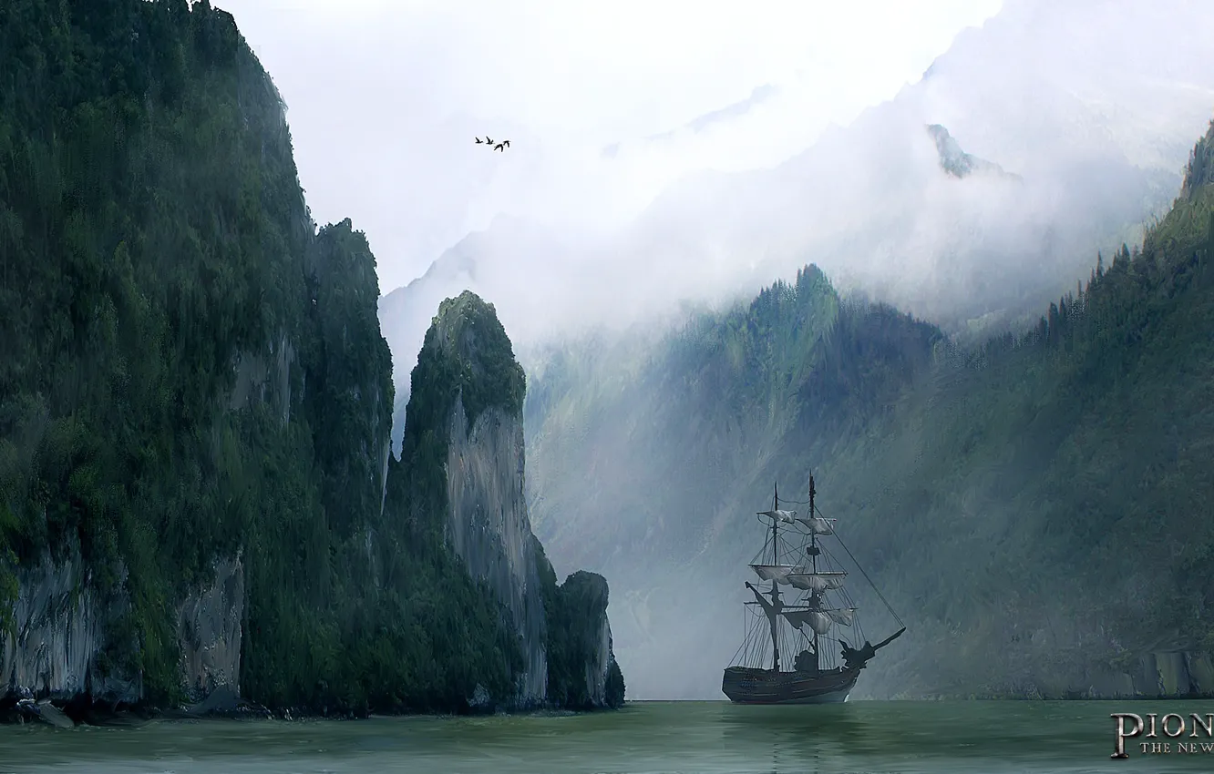 Фото обои скалы, корабль, залив, the new world