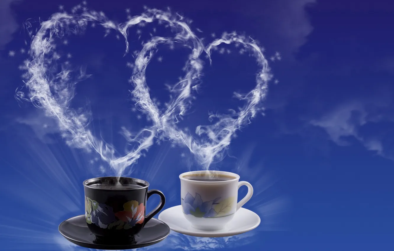 Фото обои чай, сердце, кофе, пар, чашка, сердечко, День Святого Валентина