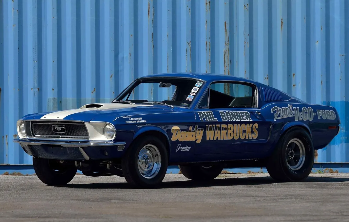 Фото обои Ford Mustang, Blue, Fastback, 1968, Race car, Cobra Jet