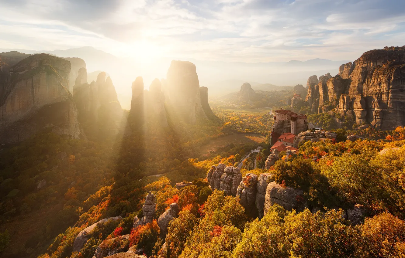Фото обои осень, солнце, свет, горы, скалы, Греция, Метеоры