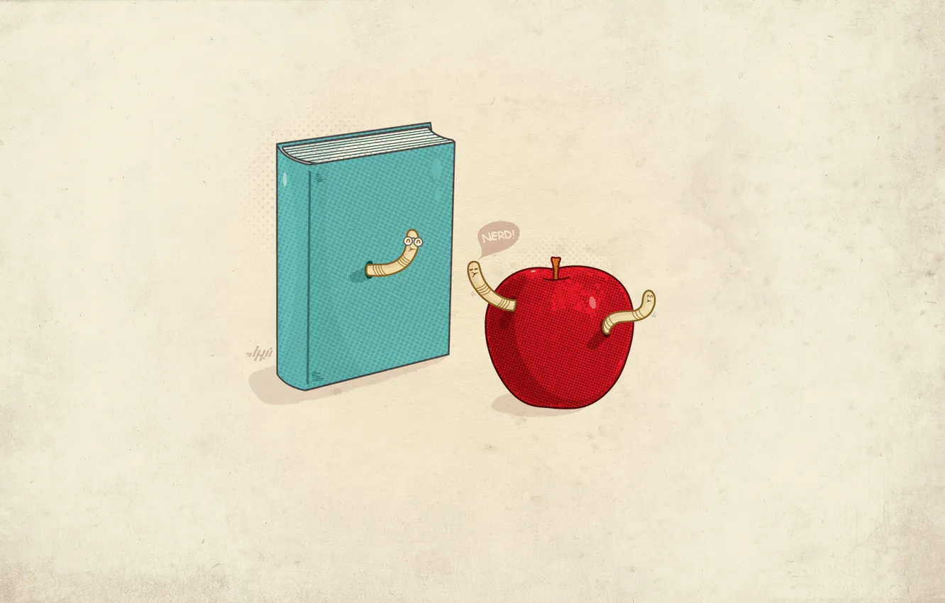 Фото обои яблоко, минимализм, книга, червяки