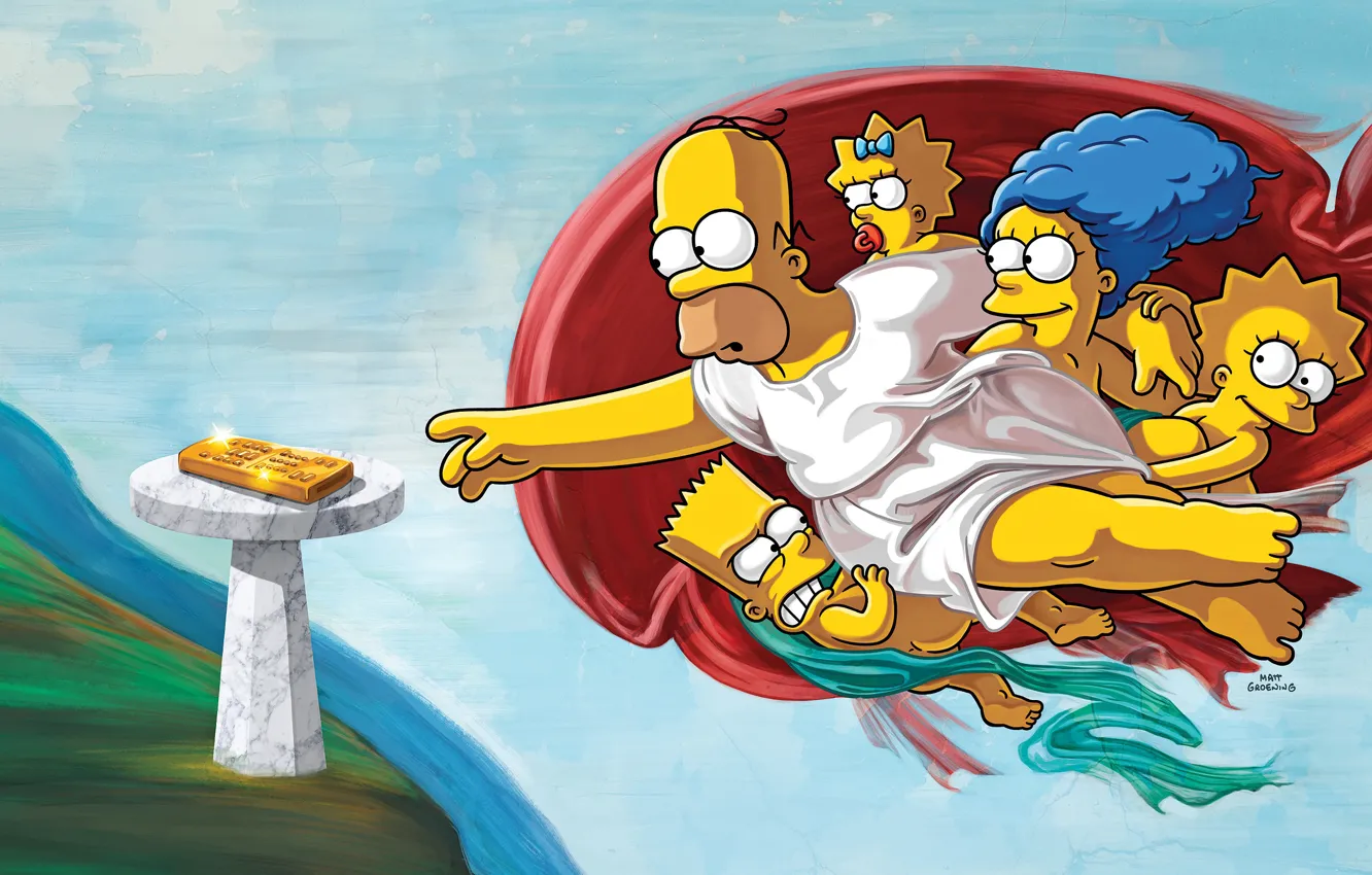 Фото обои Симпсоны, Рисунок, Картина, Гомер, Мэгги, Maggie, Simpsons, Барт