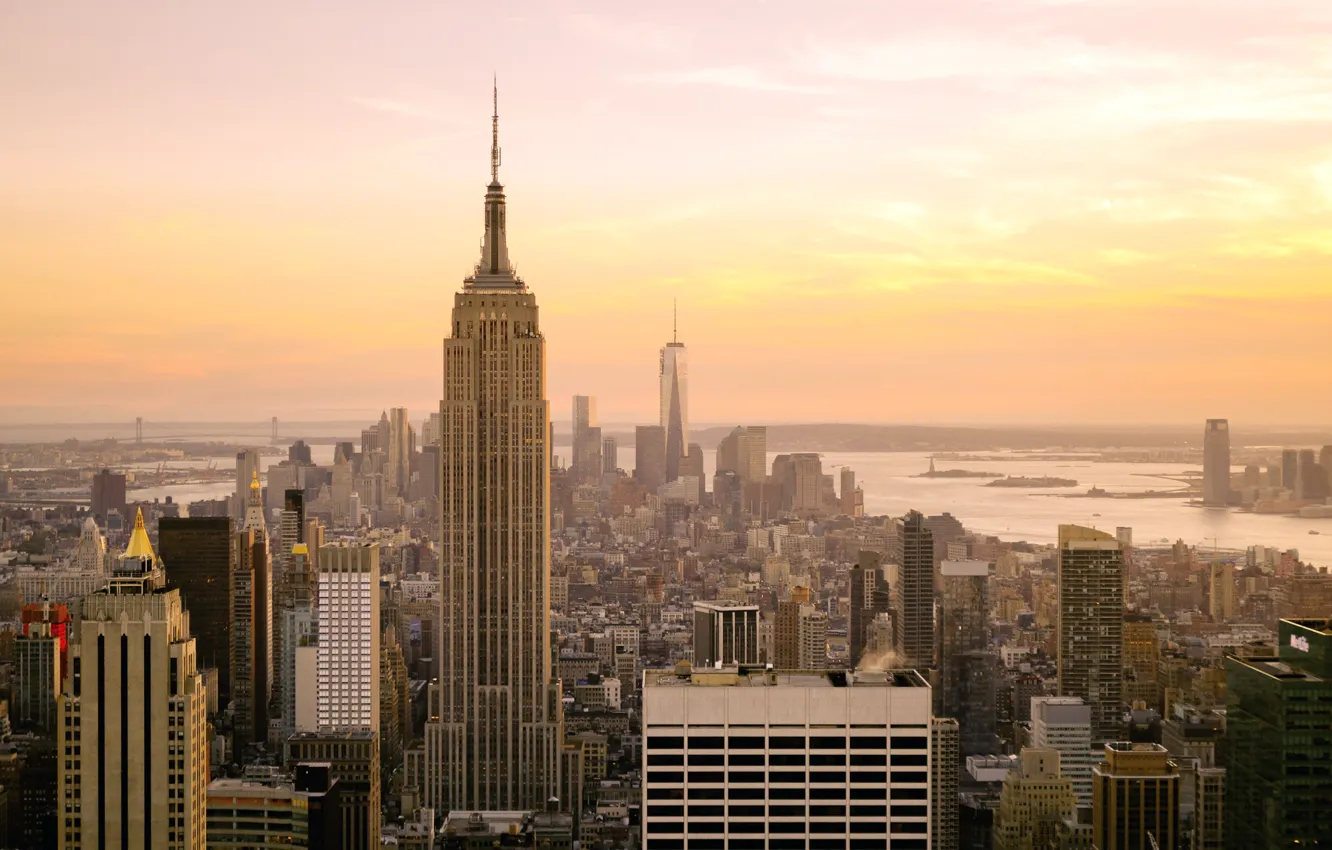 Фото обои USA, skyline, Sunset, Manhattan, NYC, New York City, Empire State Building, buildings