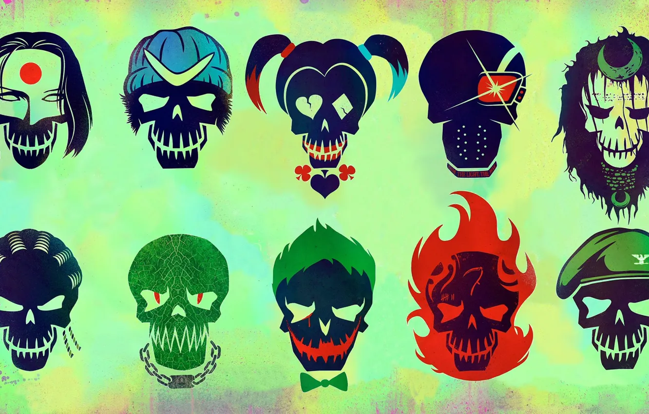 Фото обои Slipknot, Joker, Diablo, Katana, Deadshot, Harley Quinn, Killer Croc, Boomerang